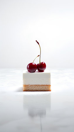 Piece of cake with cherries on a white background, selective focusの素材