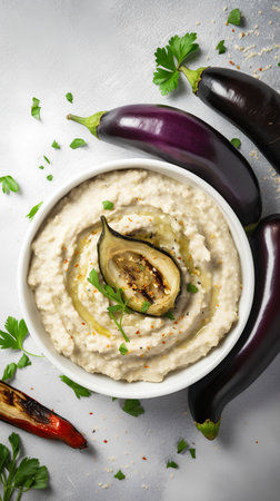 Bowl of tasty hummus with eggplant and parsley on light backgroundの素材