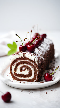 Chocolate roll cake with cream and cherry on a white plate.の素材