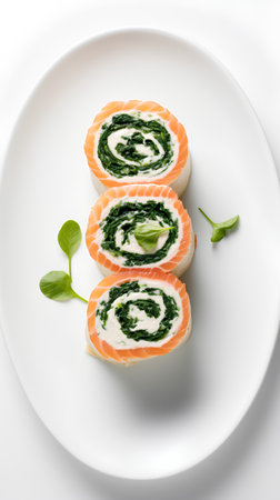 Salmon rolls with cream cheese and spinach on a white plate, top viewの素材