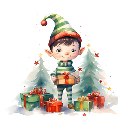 Cute boy in a Christmas hat with gifts. Watercolor illustrationの素材