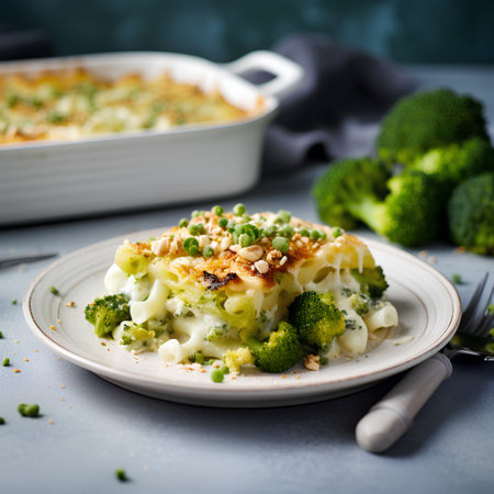 Casserole with broccoli, cheese and green peas. Selective focus.の素材