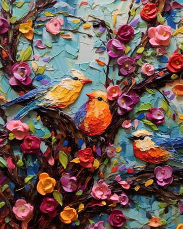 Colorful flowers and birds on the wall as a background or textureの素材