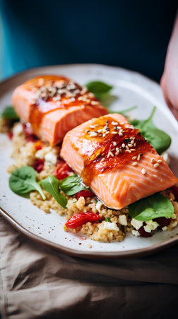 Salmon fillet with spinach and quinoa. toning. selective focusの素材