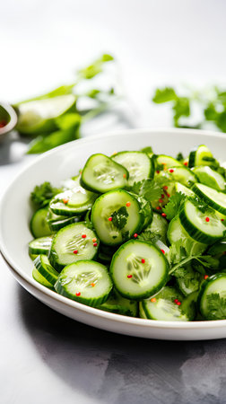 Cucumber salad with parsley and chili pepper. Selective focus.の素材