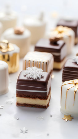Close up of chocolate cake with christmas decoration on white background.の素材