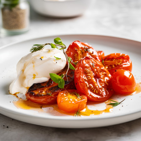 Grilled tomatoes with mozzarella cheese and herbs on white plateの素材