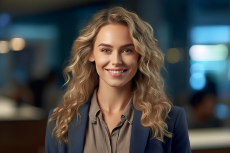 business, people and office concept - smiling businesswoman over office backgroundの素材
