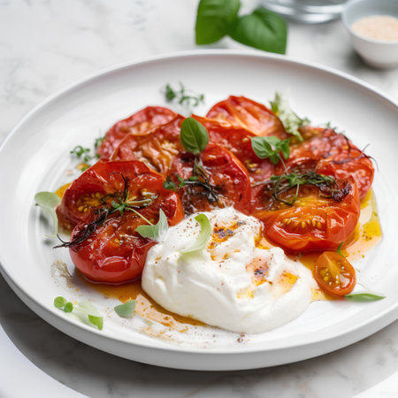 Caprese salad with roasted tomatoes, mozzarella cheese and herbs on white marble backgroundの素材