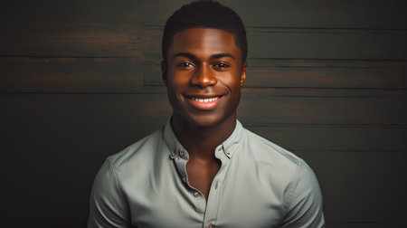 Portrait of a handsome young african american man smiling against wooden wallの素材