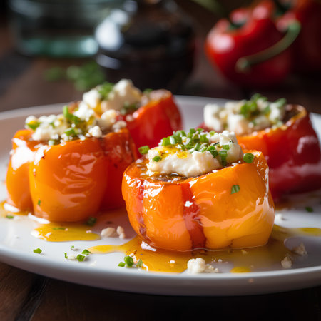 Stuffed paprika with feta cheese and herbs, selective focus.の素材