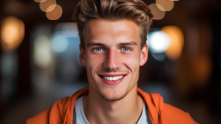 Portrait of a handsome young man smiling in the city at nightの素材