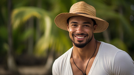 Portrait of a happy young man wearing a hat on a tropical beachの素材
