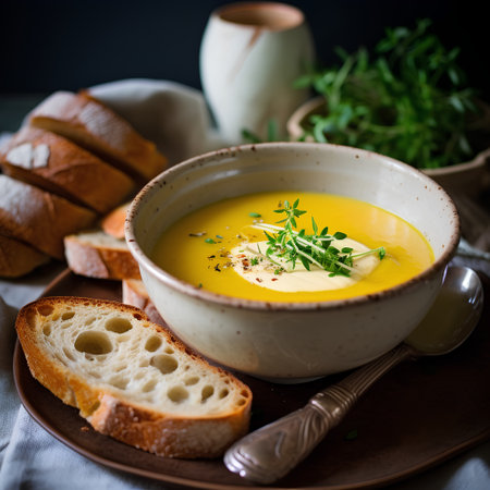 Pumpkin soup with thyme and bread on a dark backgroundの素材