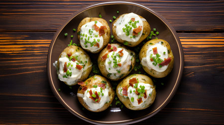 Baked potatoes with sour cream, chives and bacon on wooden backgroundの素材