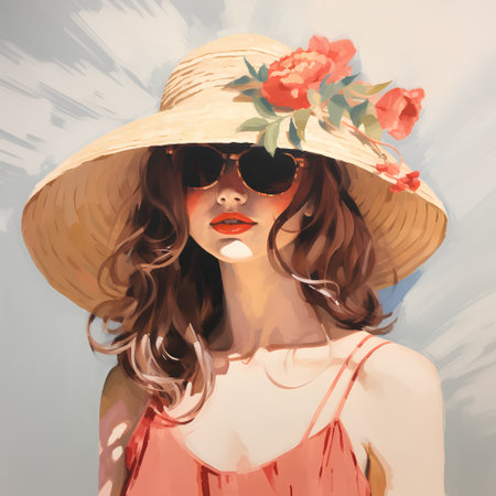 Fashion portrait of beautiful young woman in summer hat and sunglasses. Girl with red lips.の素材