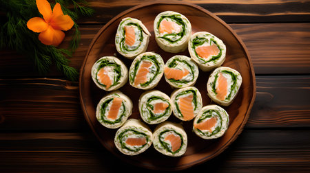 Sushi rolls with salmon, cream cheese and cucumber on wooden backgroundの素材