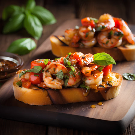 Bruschetta with grilled prawns, tomatoes and basilの素材
