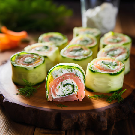 Sushi rolls with salmon, cream cheese and cucumber on a wooden boardの素材