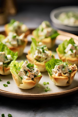 Tartlets with lettuce, feta cheese and mayonnaiseの素材