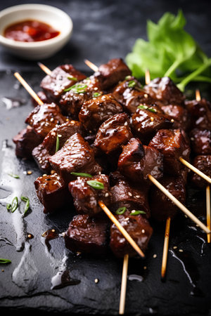Grilled beef meat skewers with spices and herbs on black stone backgroundの素材