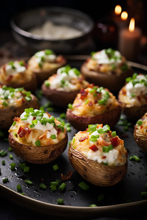 Baked potatoes stuffed with cottage cheese, bacon and green onions.の素材