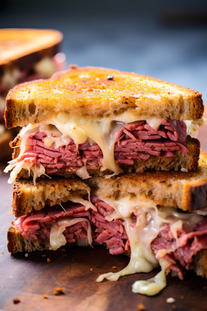 Sandwich with roast beef, cheese and pickled cucumber.の素材