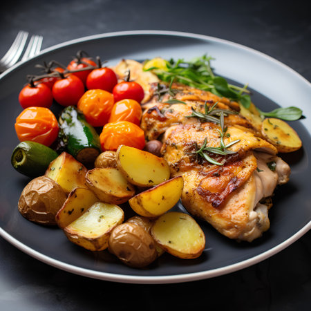 Grilled chicken fillet with baked potatoes and vegetables on a plateの素材