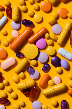 Colorful pills on yellow background. Flat lay, top view.の素材