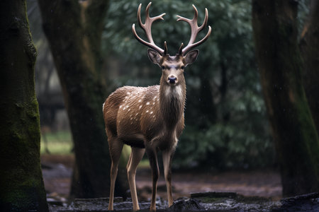 Portrait of a red deer with antlers in the forest.の素材