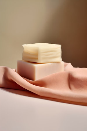 Three pieces of soap on a beige background with a pink clothの素材