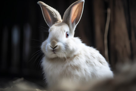 Rabbit in the cage on a dark background, close-upの素材