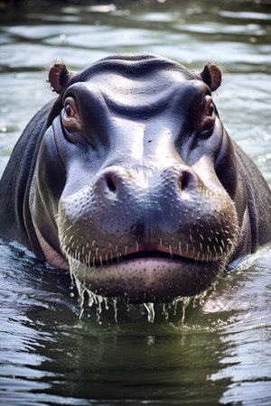 Hippopotamus in the water, close-up portrait.の素材