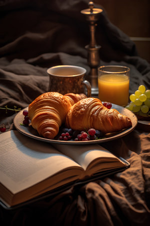 Breakfast with coffee, croissants and fruits in bed.の素材