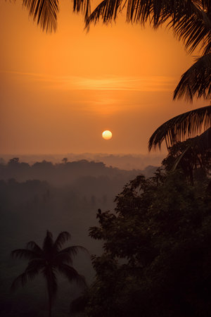 Beautiful sunrise over the tropical forest with coconut palm tree silhouettesの素材