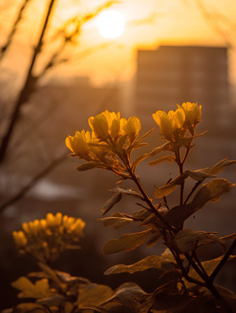 Yellow flowers on the background of the setting sun. Shallow depth of field.の素材
