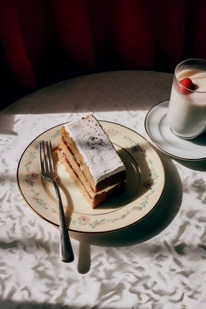A slice of cake on a plate with a cup of milk.の素材