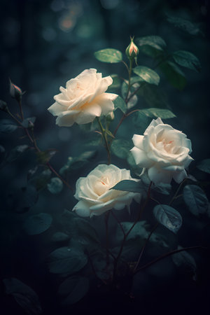 Beautiful white rose flowers in the garden. Vintage style photo.の素材