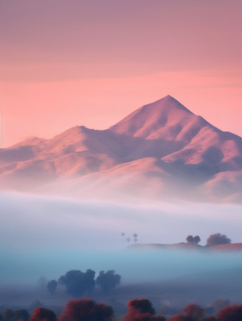 Foggy mountain landscape in the morning. 3D illustration.の素材
