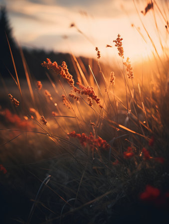 Sunset on the meadow with grass and flowers. Nature backgroundの素材