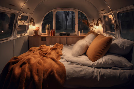 Interior of a camper van with a bed and pillows.の素材