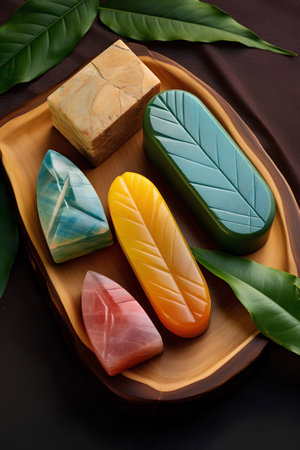 Natural handmade soap bars on a wooden plate and green leaves on a dark backgroundの素材