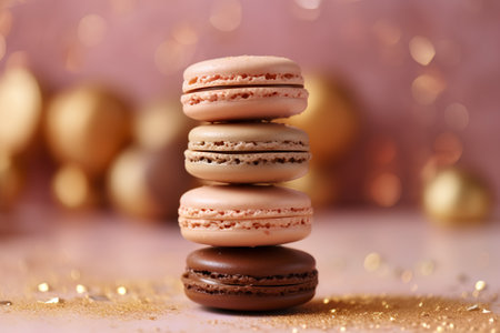 Macaroons on a background of golden bokeh lights.の素材