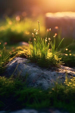 Small green grass growing on a rock in the rays of the setting sunの素材
