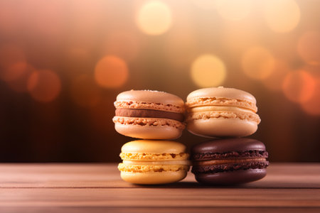 Colorful macaroons on a wooden table with bokeh backgroundの素材