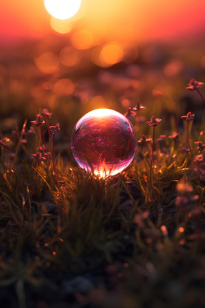 Crystal ball on the ground with grass and flowers at sunset background.の素材