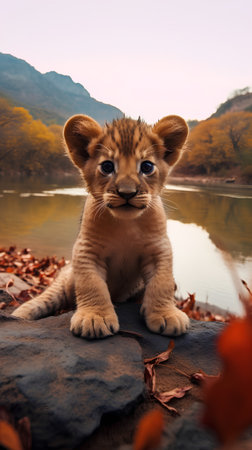 Cute little lion cub sitting on a rock by a lake in autumnの素材