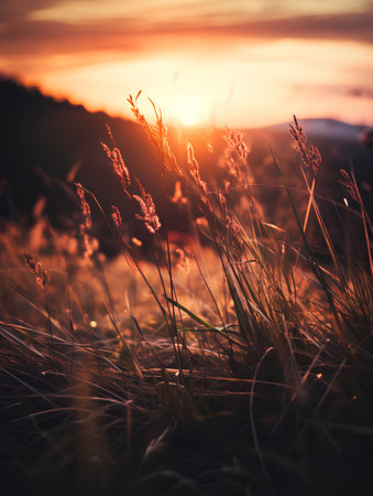Sunset on the meadow in the mountains. Selective focus.の素材