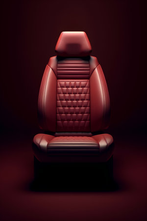 Red leather car seat isolated on dark background. 3D rendering.の素材