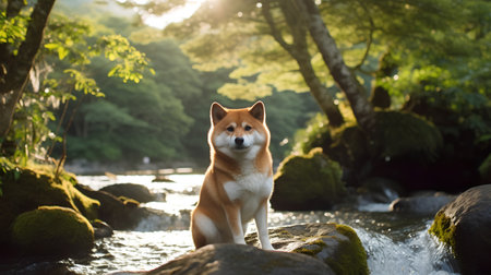 Shiba inu Japanese dog sitting on a rock by the riverの素材
